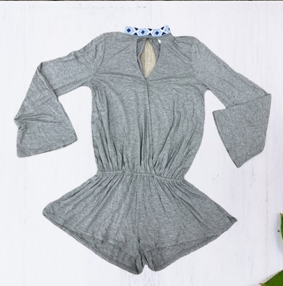 New! Vintage Havana Heather Gray Long Sleeve Comfy High Neck Seed Beaded Romper